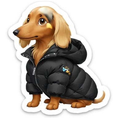 Long hair blonde Daschund dog in oversized black puffer  sticker