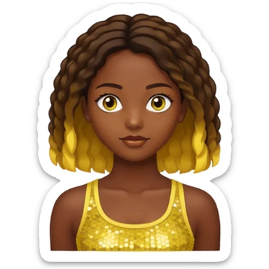 Sasha from Bratz with long light dark brown hair, dark skin, hazel eyes, yellow sequin crop top sticker