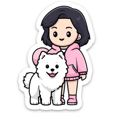 black-haired girl in pink Chanel style outfit with white Samoyed dog sticker