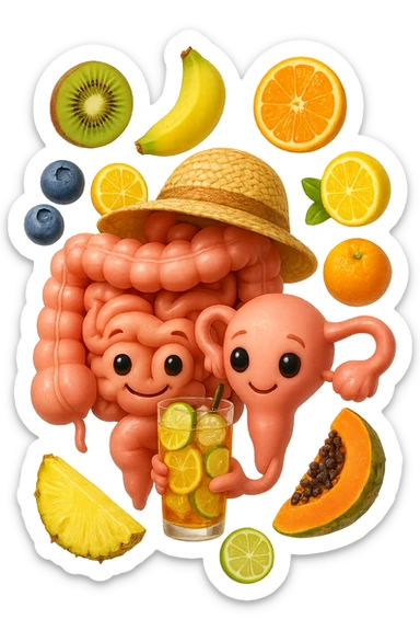 EMOJI STILE IPHONE DI INTESTINO E UTERO UMANI REALISTICI CON CAPPELLO DI PAGLIA DA SPIAGGIA CHE BEVE UN Tè FREDDO IN BICCHIERE DI VETRO CON DENTRO  fette di cetriolo, limone, lime, DIETRO L'INTESTINO FLUTTUANO PEZZETTI DI Kiwi
Banana acerba
Arance e mandarini
Mirtilli
Ananas
Papaya
IPERREALISTICO 4K sticker