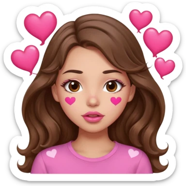 girl with long wavy brown hair, brown eyes, light to medium complexion, in a pink shirt, pink lips, long lashes, puckering lips kissing, blushing with hearts sticker