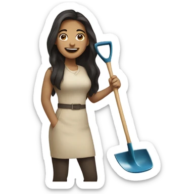 Beige Women with long dark hair holding shovel smiling  sticker