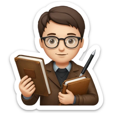 writer holding pen in hand and closed book in other hand, wearing glasses sticker