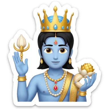 lord vishnu, shoulder length black hair, wearing crown, holding conch and chakra, blue color skin sticker