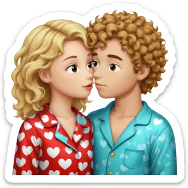 Blonde girl and brown curly haired boy kissing in pajamas sticker