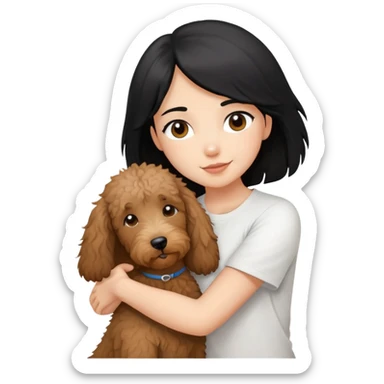 One girl with medium long black hair dressing white T-shirt, hugging One little brown coated labradoodle. sticker