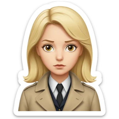 detective woman in long coat, blond hair, white skin sticker