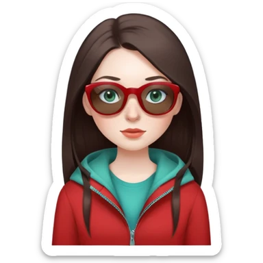 girl with long lashes, dark brown hair with greyish tone, with straight long hair, blue green eyes, in red clothes, with pale skin with freckles, and long lashes, brown clothes and sunglasses  sticker