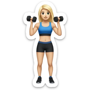 blonde woman working out with a black tank top and a blue shorts and she is holding a dumbell sticker