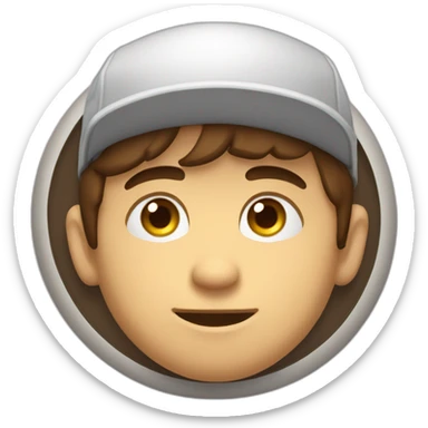 Guy with brown hair and short, eyes with a cap that is behind a circle window that try to go out with a hand on the top of cornice sticker