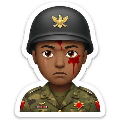 scowling soldier, deeply melanated skin, blood splatter on left cheek sticker