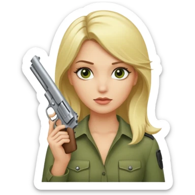 Emoji femme blonde cheveux blond, yeux vert avec de long cils noir qui porte un pistolet et à des cornes  sticker