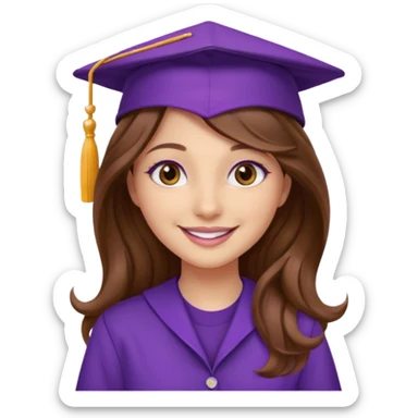 beautiful  woman normal skin with more wavy long brown over shoulder  hair without elastic but wavyand hazel eyes with purple school hat sticker