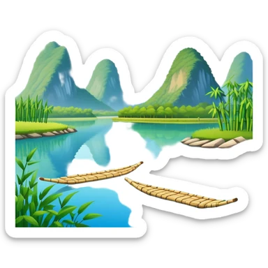 Yangshuo karst peaks with bamboo raft on river Guilin, simplified emoji style with bold outlines and bright colors, cartoon style mountains with clear blue sky sticker