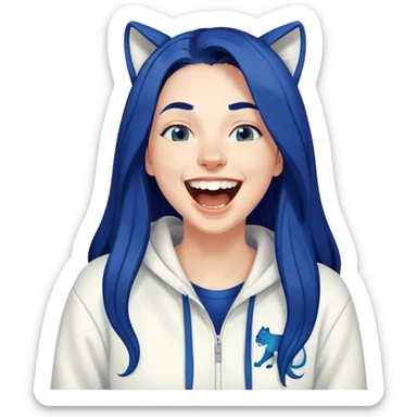White 30 year old woman with long dark blue hair laughing hysterically wearing a white PUMA hoodie sticker