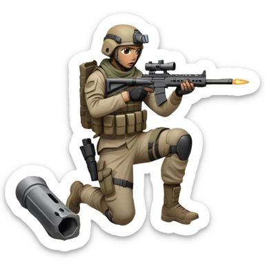 A skilled airsoft player in tactical gear, aiming a gun and shooting metal BBs in a desolate, ruined landscape. The setting is filled with broken walls and debris, creating a tense atmosphere of strategy and precision in a high-stakes tactical environment sticker