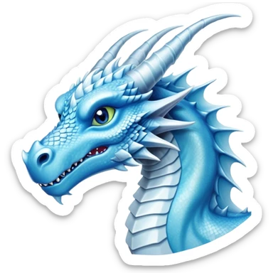 Cinematic Noble elegant Ice Dragon Portrait Emoji, Poised and imposing, distinct long elegant snout, with a slender, scaled body shimmering in glacial hues of icy blue, frostbitten silver, and crystalline white, breathing out frost, with piercing, glowing eyes that radiate the chilling depths of an arctic storm; rendered in detail. sticker