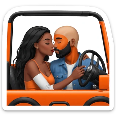 intimate moment between lovers, JetSetFly, photo Realistic Couple, black women with long black balayage hair & kissing bald white muscular man with orange face hair and beard in a red Jeep Wrangler  sticker