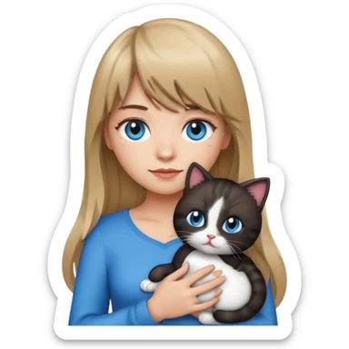 Apple-style emoji sticker of a young woman with long dark blond hair and bangs, blue eyes , holding a spotting black-and-white kitty on her chest.  sticker