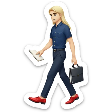 Guy with super long straight blonde hair wearing a short sleeve navy button up untucked black pants red shoes walking holding a notebook sticker
