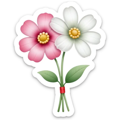 One pink flower and one white flower in transparent bouquet with red band  sticker