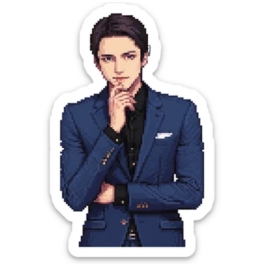 Flat pixel art, focused and reserved male thinker, fair skin, short sleek dark hair, intense sharp eyes, wearing a deep indigo suit jacket over a black shirt, left hand thoughtfully touching chin, waist-up, front-facing sticker