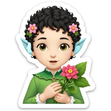 Tiny elf baby black curly hair with pointy ears, hold flowers sticker