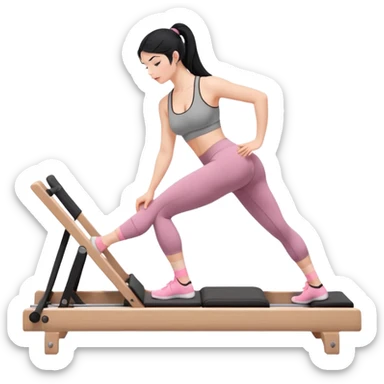 Create a Pilates emoji: a girl with fair skin and black hair, wearing a grey bra and grey leggings with pink pilates socks, on all fours on a wooden reformer. Make it look at the reformer. Make the colors neutrals. sticker