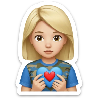 Blonde girl wearing blue shirt holding camo heart sticker