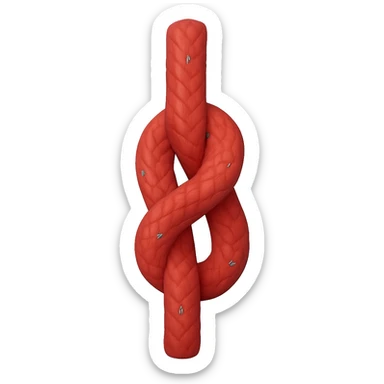 Create an apple-style emoji of a realistic red rope tied in a simple vertical knot. The knot should be clear and clean, not resembling a pretzel. The style should match classic Apple emoji aesthetics with a transparent background. Use the reference image for details and orientation. sticker