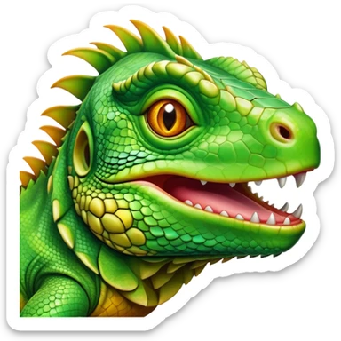 Cinematic Realistic Comical Iguana Portrait Emoji, Head tilted dramatically with an exaggeratedly amused expression, featuring a striking, glossy green-scaled body with bold natural textures and wide, expressive amber eyes brimming with playful disbelief, rendered with lifelike clarity and vibrant hues, high shine, dramatic yet playful, styled with an air of cheeky tropical mischief, soft glowing outline, capturing the essence of a spirited and over‐the‐top iguana that looks ready to charm its way into viral fame! sticker