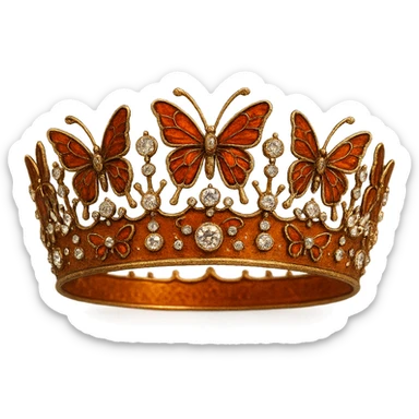 butterfly crown with a burnt orange base, butterflies in deep orange enamel, sparkling gems sticker
