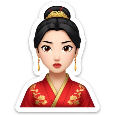 Cinematic Realistic Majestic Mulan Portrait, featuring finely rendered light skin with natural luminescence and expressive, determined eyes. Her black hair is styled with care into an elegant bun, and every fold of her traditional robe—adorned with subtle red motifs and refined gold trim—is depicted with intricate fabric detail. The scene is bathed in soft, natural light that enhances the depth and authenticity of the image, conveying a noble and serene aura that embodies timeless elegance and inner fortitude. sticker