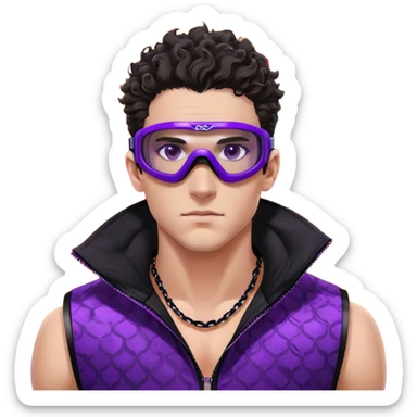 close-up of bad guy male athlete with white skin and moderately curly dark brown hair on top with shaved sides, wearing ski goggles with purple frames and very dark black lenses, a simple plain black chain necklace, and a completely unzipped sleeveless vest with purple and black sequin fire pattern design with no logo, with an extremely arrogant sneer on his face, looking menacing and villainous, exuding overconfidence and a threatening aura sticker