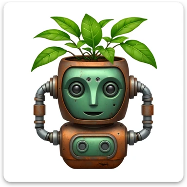 potted plant with a robotic face sticker