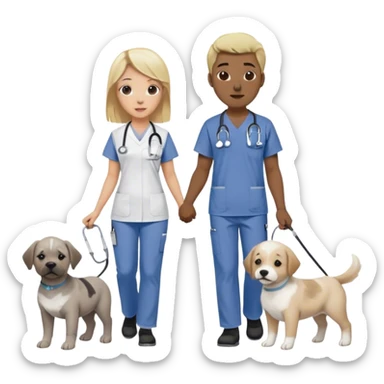 Blond white girl wearing nursing scrubs with 1 dog medium size white and gray and 1 dog large brindle and white with a black guy and their baby on a walk sticker