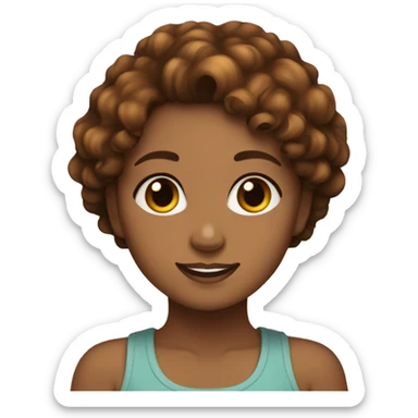 Light brown girl with short curly hair and brown eyes holding a tortoiseshell cat sticker