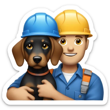 Bold white male construction worker wearing a hat and blue work wear Holding a little black and Brown dog on his arm sticker