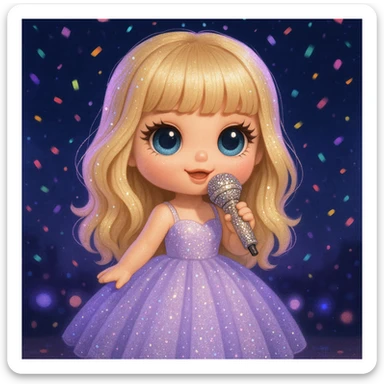 Pretty and girly Blonde pop star with bangs wearing a sparkly tulle light purple ballgown, holding a bedazzled microphone, reimagined as a cute doll, with a nighttime concert backdrop with colorful confetti sticker