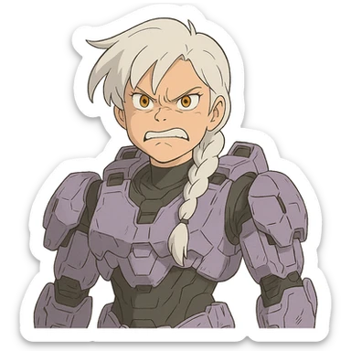 making an angry scowl, frown closed mouth, rage face, rage aura,  female, wearing reach spartan armor shoulder-unequip, long white braid hair with massive messy front side single bangs, gold yellow eyes, attention pose, D-cup size, HALO:series, no helmet, the armor is lavender color scheme, sticker