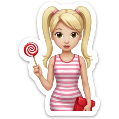 Beautiful woman with long blonde ponytails wearing light pink bodycon dress holding a lollipop sticker
