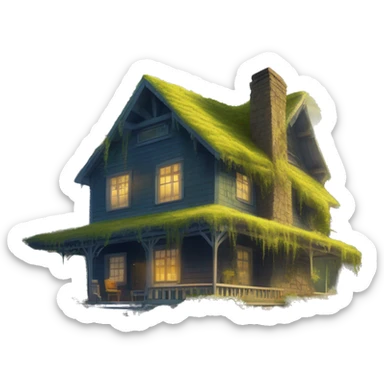 very very big Cabin near a big tree.  Thick moss growing on the roofs. The cabin thick grass fields. porch lights turned off. bright white interior lights turned on. guests sitting in chairs on the porch, flowers and bushes yellow and blue, near Scooby  sticker