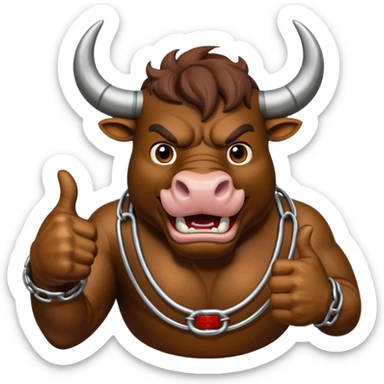 Emoji of an iron horseshoe with an angry powerful bull in the middle showing a thumbs up (Likes) sticker