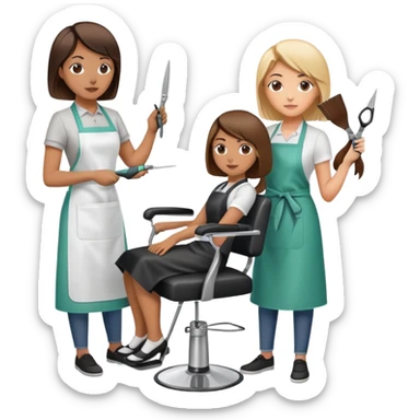 woman getting a haircut from a female hairstylist, client sitting in chair with apron, hairstylist standing behind holding scissors sticker