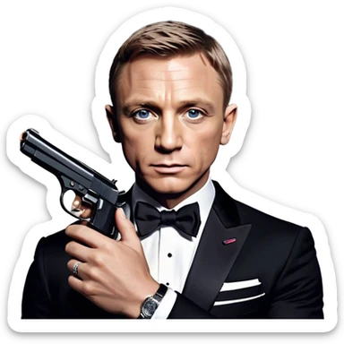 Cinematic Realistic James Bond Daniel Craig Portrait Emoji, depicted as the ultimate suave and enigmatic secret agent, donning a sharply tailored tuxedo, gripping a sleek handgun, with a piercing gaze that exudes confidence and danger. The scene is infused with moody, high-contrast cinematic lighting, evoking the thrilling world of espionage and intrigue. sticker