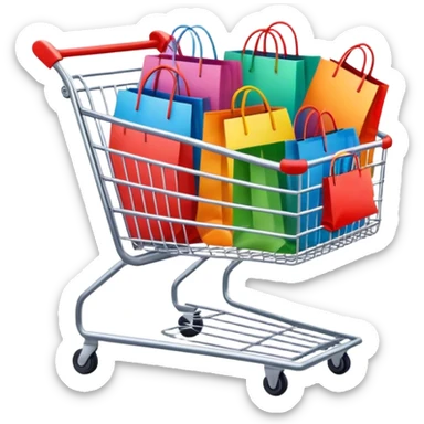 shopping cart filled with multicolored shopping bags sticker
