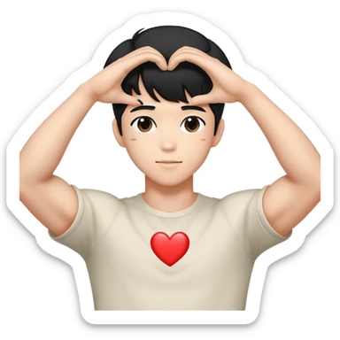 Black-haired male idol forming a heart shape with his arms above his head, arms curved to make heart outline, K-pop style sticker