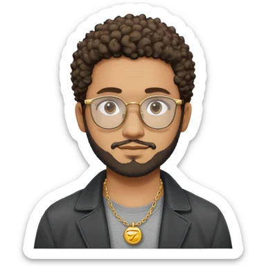 Hombre latino piel marron claro, cara ovalada, gafas redondas oscuras, barba corta, pelo corto rizado. Sonrisa leve, expresión tranquila. Camiseta gris, jacket negro abierto, collar dorado sticker