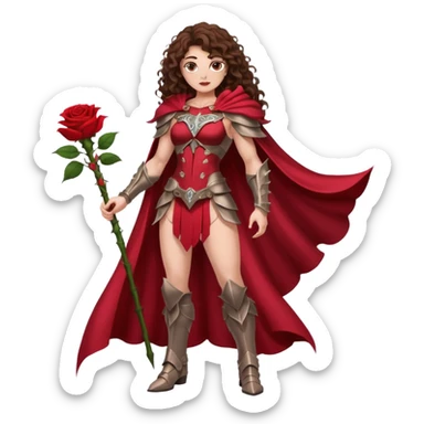 full body woman long curly brown hair brown eyes white skin tattoos muscular build rose thorn armor and petal cape sticker