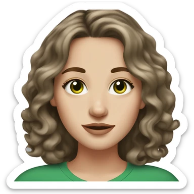 Brunette white girl with green eyes and medium length loose waves in hair and freckles on nose sticker